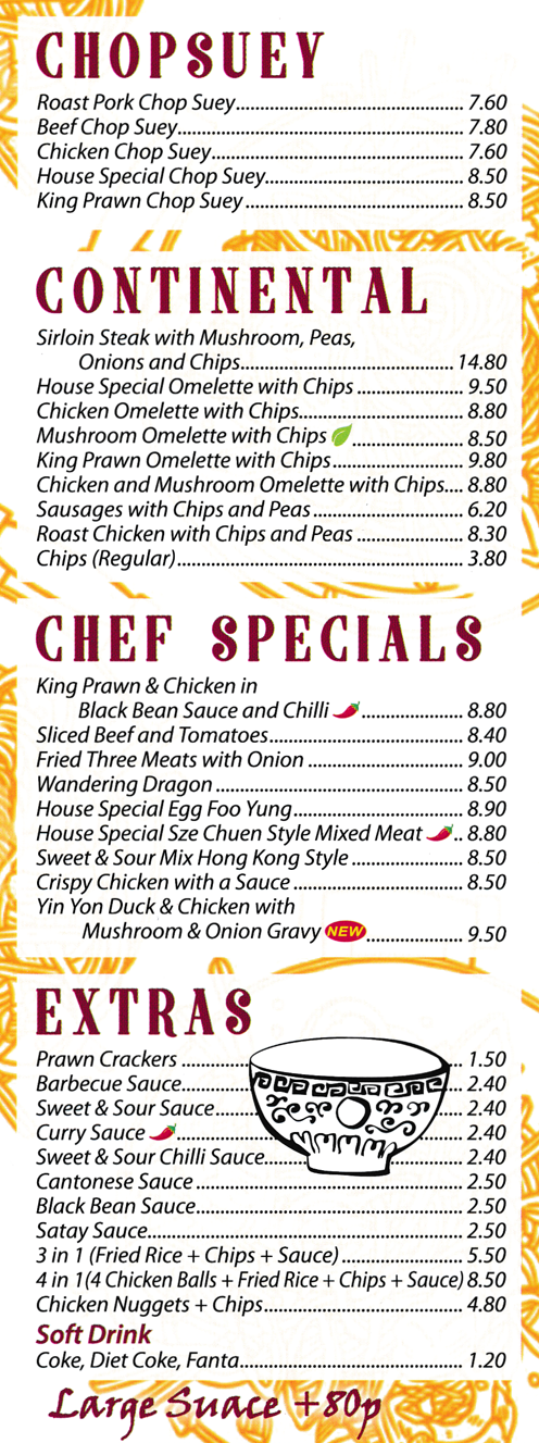 Menu for San San Garden - Chicken Chop Suey, Satay King Prawn, Crispy Chilli Beef, Wandering Dragon, Kung Po Chicken..