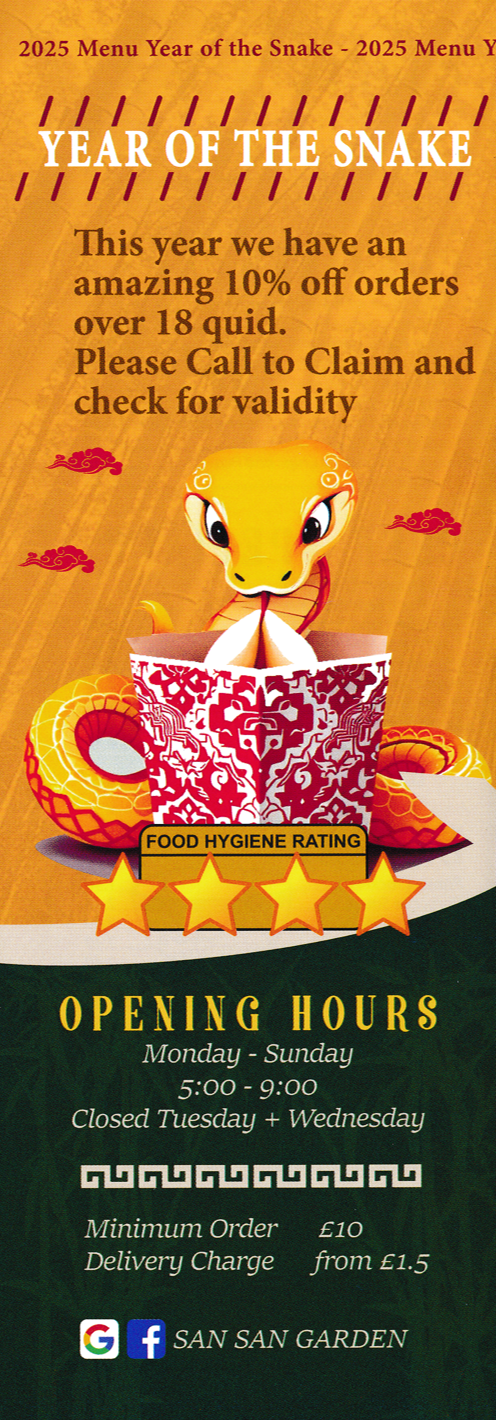 Menu for San San Garden Chinese food takeaway in Old Basford, Nottingham