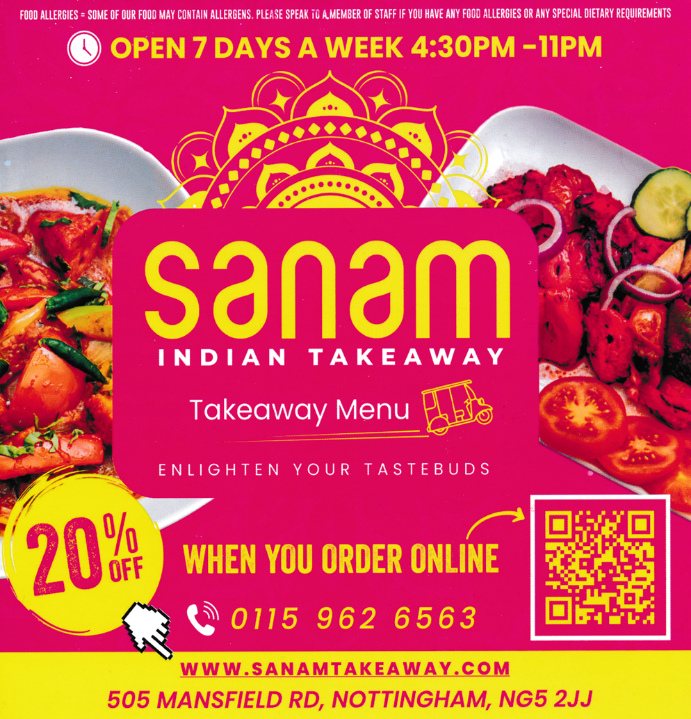 Menu for Sanam Indian takeaway on Mansfield Road in Sherwood, Nottingham NG5 2JJ