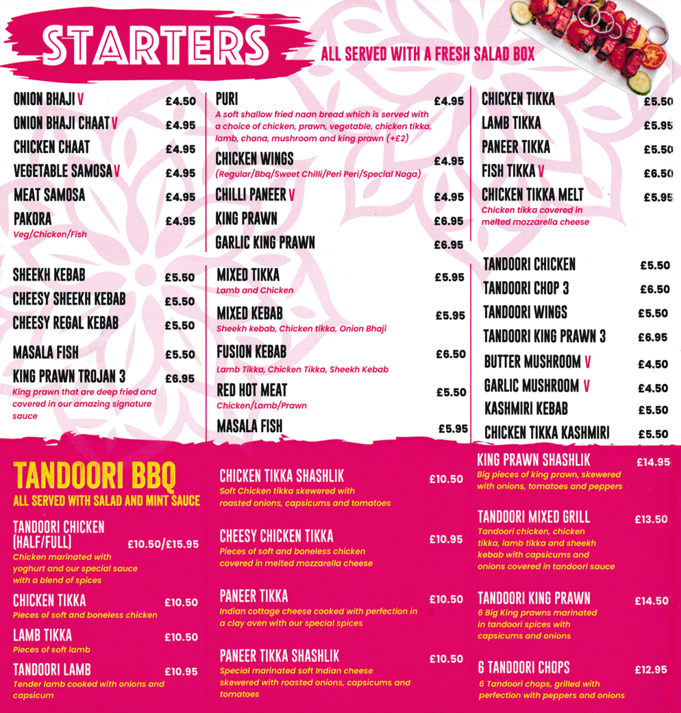 Menu for Sanam - Dishes include; Pakora, Onion Bhaji, Fusion Kebab, Red Hot Meat, Butter Mushroom, Chicken Tikka, Fish Tikka, Masala Fish, Cheesy Chicken Tikka,Tandoori King Prawn..