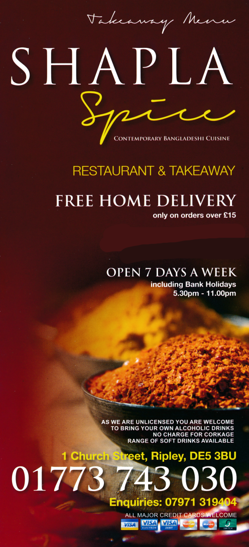 Takeaway menu for Shapla Spice Bangladeshi and Indian restaurant on Church Street in Ripley, Derbyshire DE5 3BU