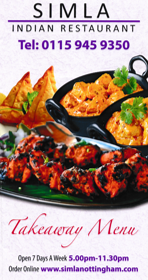 Takeaway menu for Simla Indian restaurant in Kimberley near Nottingham