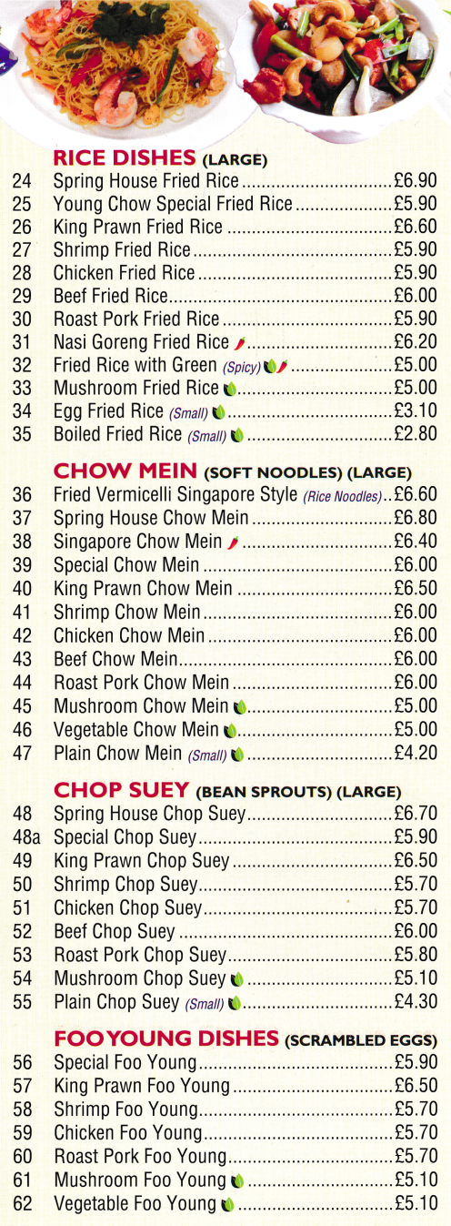 Menu for Spring - Beef Chop Suey, King Prawn Chow Mein, Nasi Goreng Fried Rice, Mushroom Foo Yung, Singapore Chow Mein..