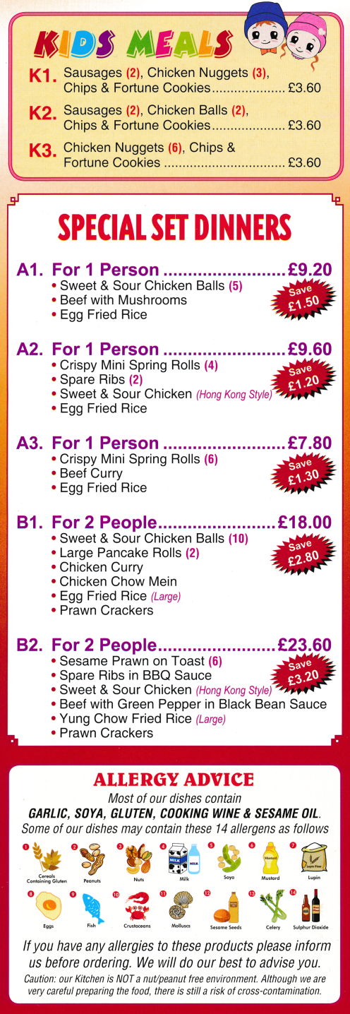 Sun Do Chinese takeaway menu - Special Set Meals