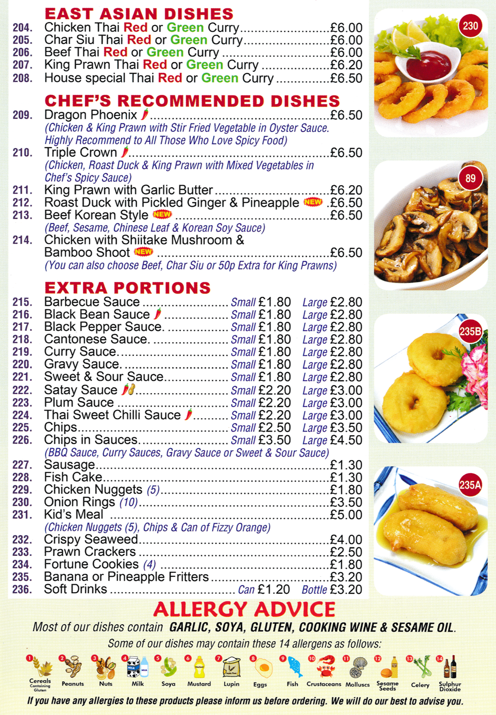 Menu for Sun Wah in Ilkeston - dishes include; Chicken Thai Red or Green Curry, Dragon Phoenix, Triple Crown, Beef Korean Style, Roast Duck with Pickled Ginger & Pineapple..