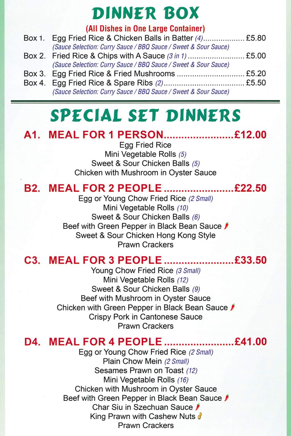 Menu for Sun Wah Chinese food takeaway in Ilkeston, Derbyshire DE7 5DN  - Dinner Boxes & Special Set Dinners.