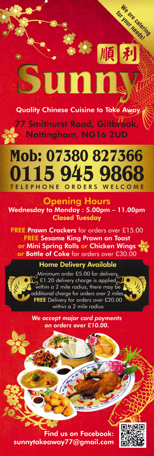 Menu for Sunny Chinese takeaway and delivery in Giltbrook near Nottingham