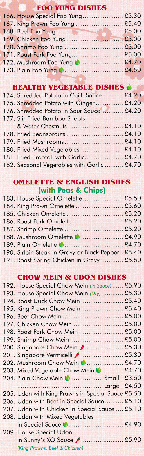 Menu for Sunny - Egg Foo Yung Dishes, Chow Mein & Udon Dishes, English Dishes..