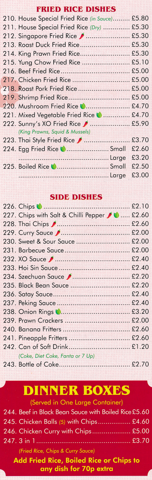 Menu for Sunny Chinese takeaway on Smithurst Road in Giltbrook near Nottingham