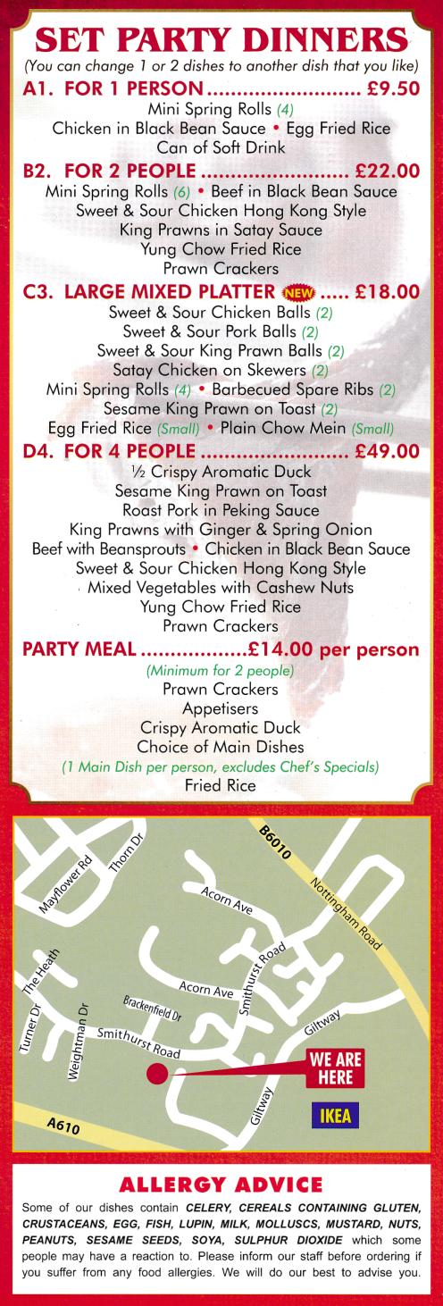 Menu for Sunny Chinese takeaway and delivery in Giltbrook near Nottingham