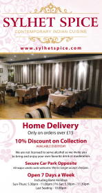 Takeaway menu for Sylhet Spice Indian restaurant on Park Corner, Nottingham Road in Ripley, Derbyshire DE5 3EF