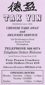 Menu for Tak Yin Chinese takeaway on Beckhampton Road in Bestwood Park, Nottingham NG5 5PA