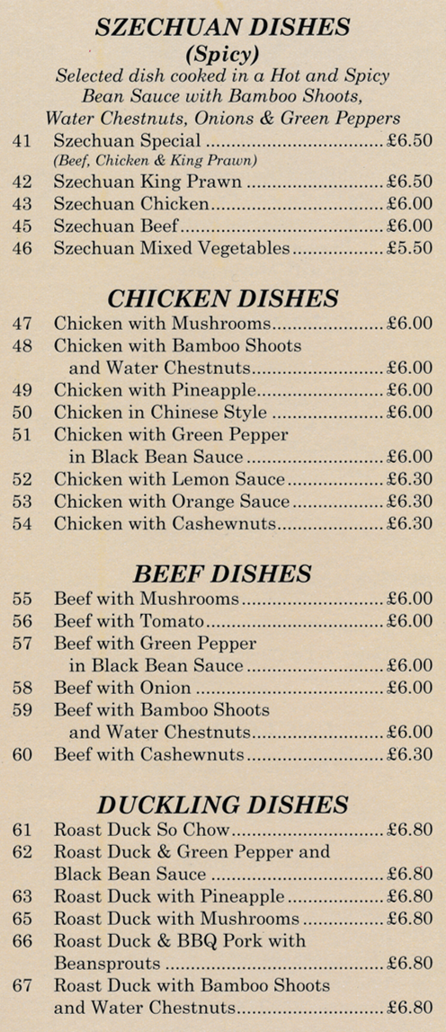 Menu for Tak Yin - Szechuan Beef, Chicken with Lemon Sauce, Beef with Cashewnuts, Roast Duck So Chow, Chicken with Green Pepper and Black Bean Sauce..