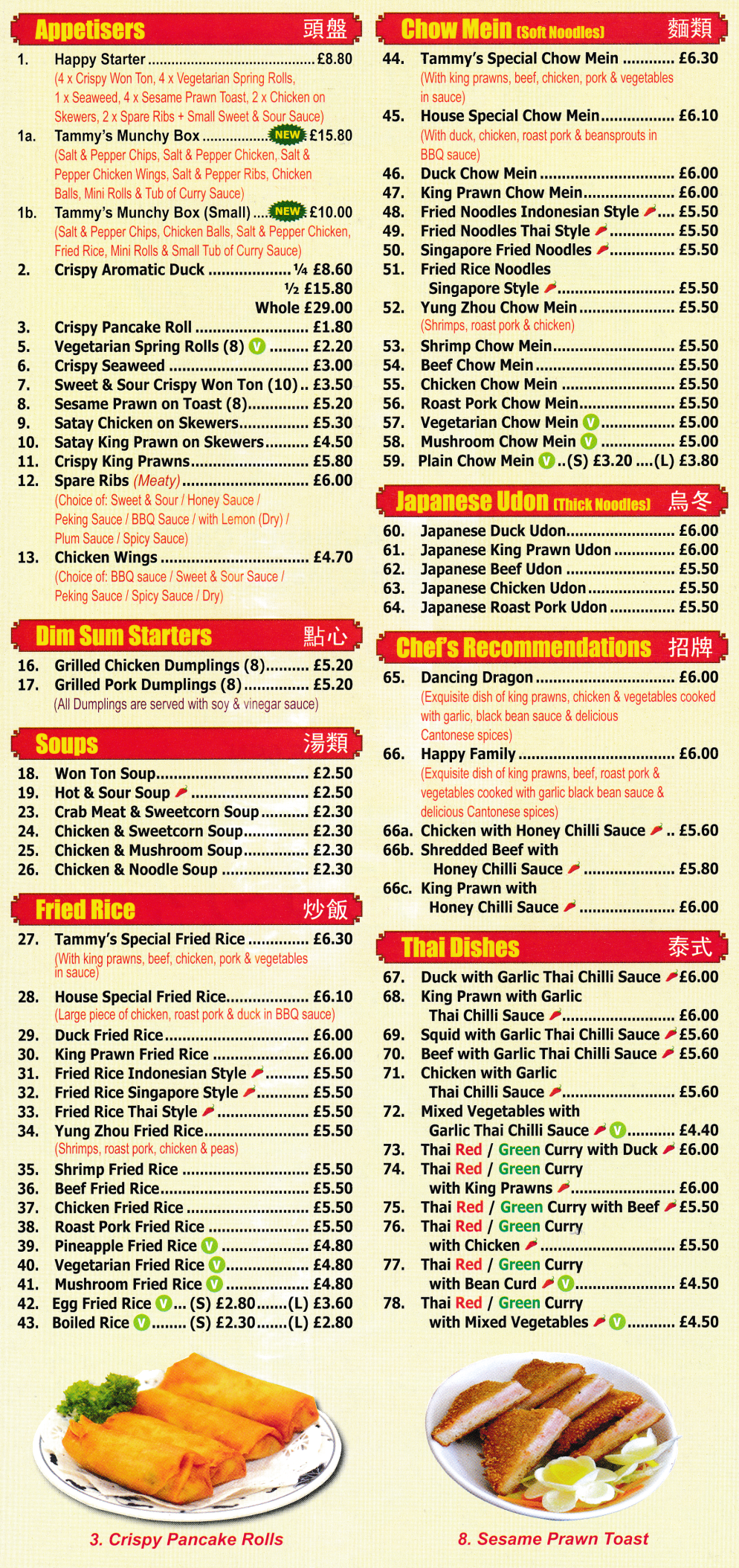 Menu for Tammy's Chinese food takeaway in Arnold (Chow Mein, Japanese Udon, Thai dishes, Dim Sum starters)