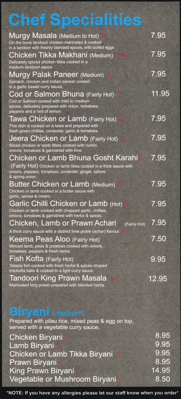 Takeaway menu for Taste Of India - Fish Kofta, Tandoori King Prawn Masala, Butter Chicken, Tawa Lamb, Chicken Tikka Makhani, Lamb Biryani, King Prawn Biryani, Garlic Chilli Chicken..