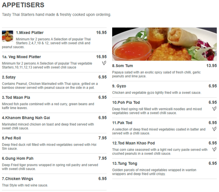 Takeaway menu for Thai Legend in Sandiacre - dishes include; Satay, Ped Roll, Poh Pia Tod, Pak Tod, Gyzo, Som Tum, Tung Tong, Gung Hom Pah, Khanom Bhang Nah Gai..