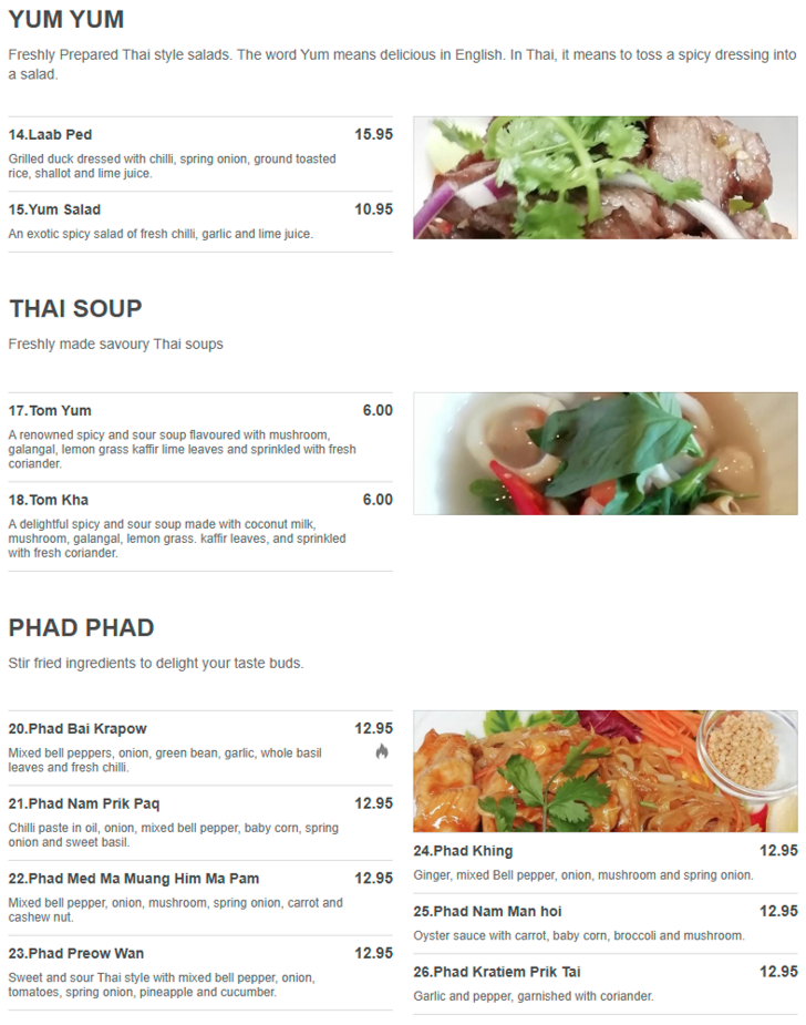Takeaway menu for Thai Legend in Sandiacre - dishes include; Laab Ped, Yum Salad, Phad Bai Krapow, Phad Nam Prik Paq, Phad Nam Man Hoi, Phad Khing..