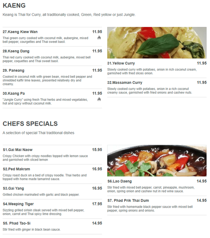 Takeaway menu for Thai Legend in Sandiacre - dishes include; Kaeng Kiew Wan, Paneang, Kaang Pa, Yellow Curry, Gai Mai Naow, Gai Yang, Lao Daeng, Phad Prik Thai Dum, Weeping Tiger..