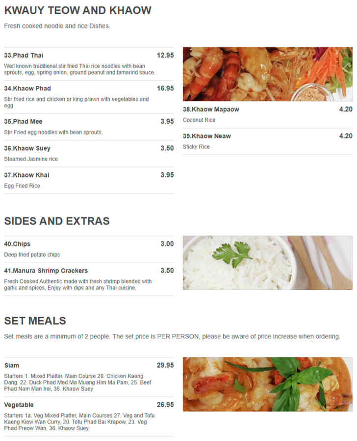 Takeaway menu for Thai Legend in Sandiacre - dishes include; Khaow Khai, Khaow Suey, Phad Mee, Khaow Mapaow..