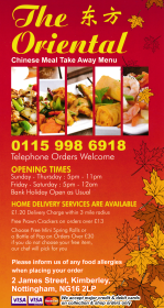 Menu for The Oriental Chinese takeaway on James Street in Kimberley near Nottingham