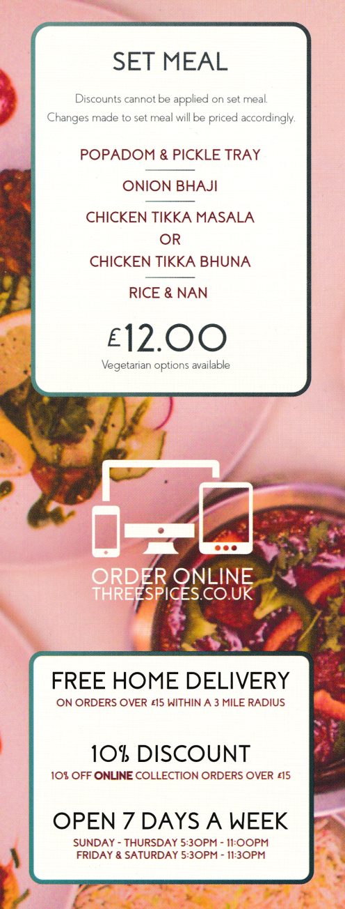 Takeaway menu for Three Spices - Set Meals - Indian restaurant on Easthorpe Street in Ruddington