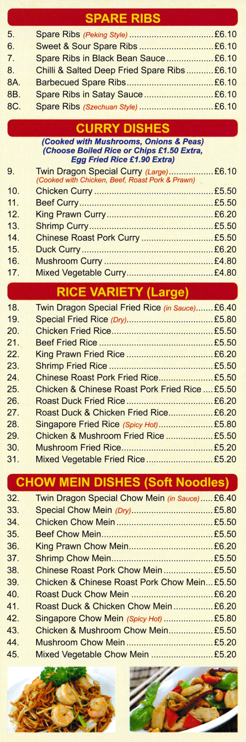 Menu for Twin Dragon Chinese takeaway (Chow Mein, Spare Ribs, Chop Suey, Oyster Sauce, Satay Sauce dishes..)