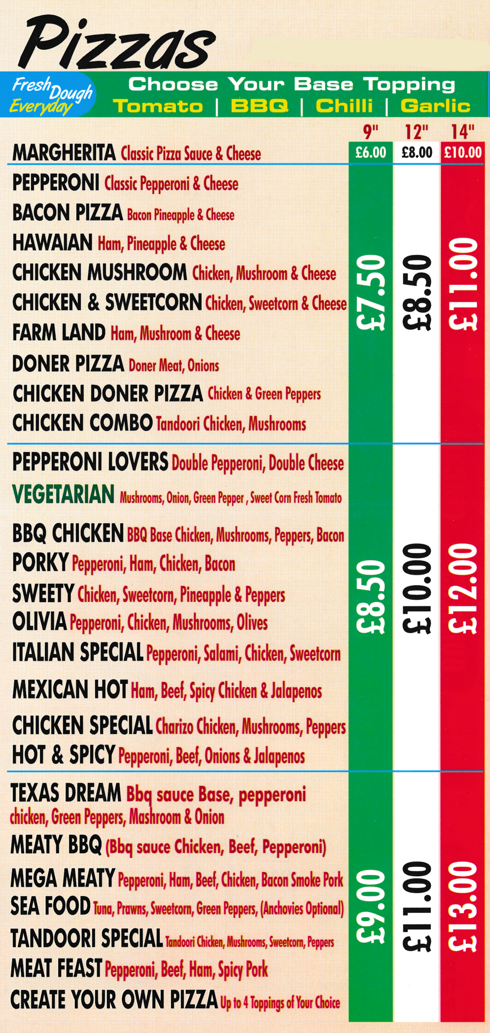 Menu for USA Chicken Express - pizzas, garlic Bread, jacket potatoes, kebabs, burgers..