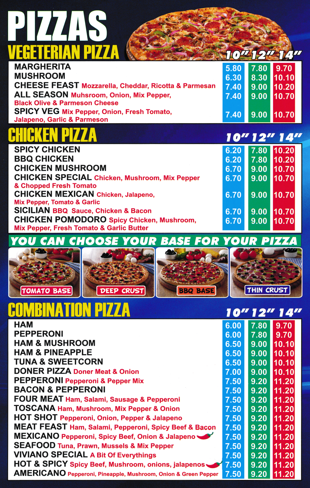 Takeaway and delivery menu for Viviano Pizza in Somercotes near Alfreton - Pizza selection