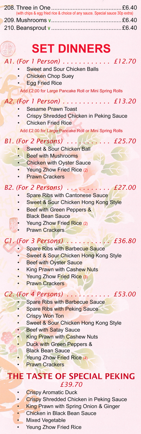Menu for Wandering Dragon Chinese takeaway in Nottingham - Set Dinners
