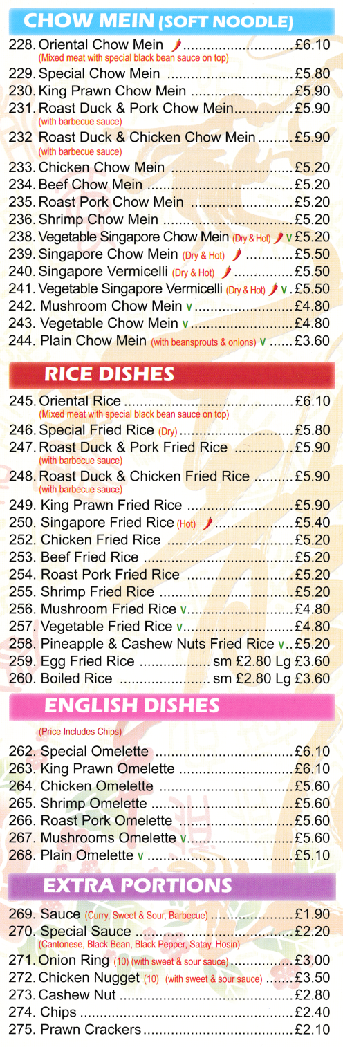 Menu for Wandering Dragon (Singapore Fried Rice, Chicken Omelette, Singapore Vermicelli, Roast Duck Chow Mein, Chicken in Satay Sauce..)