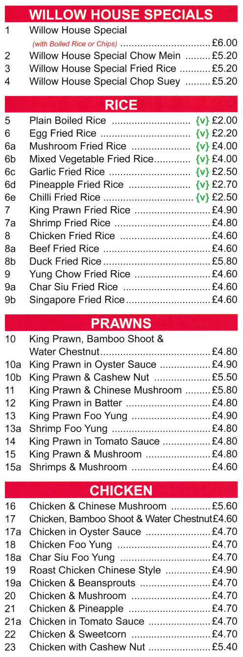Menu for Willow House Chinese and Cantonese cuisine for takeaway or delivery.