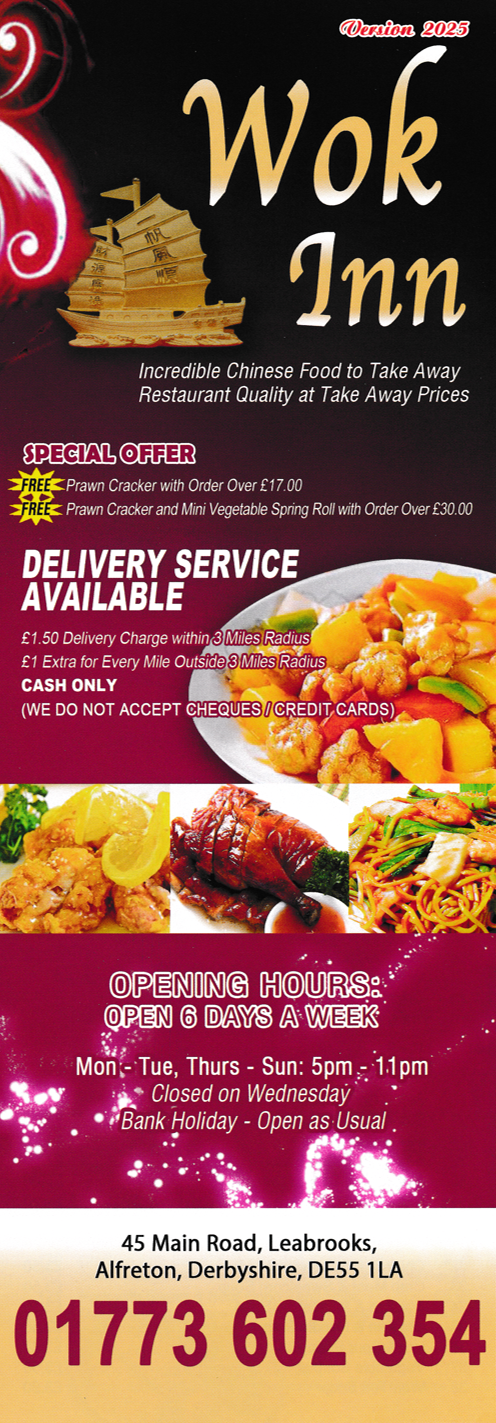 Menu for Wok Inn Chinese, Cantonese and Thai food takeaway in Leabrooks near Alfreton