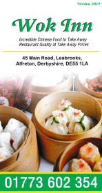 Menu for Wok Inn Chinese takeaway on Main Road in Leabrooks near Somercotes, Derbyshire DE55 1LA