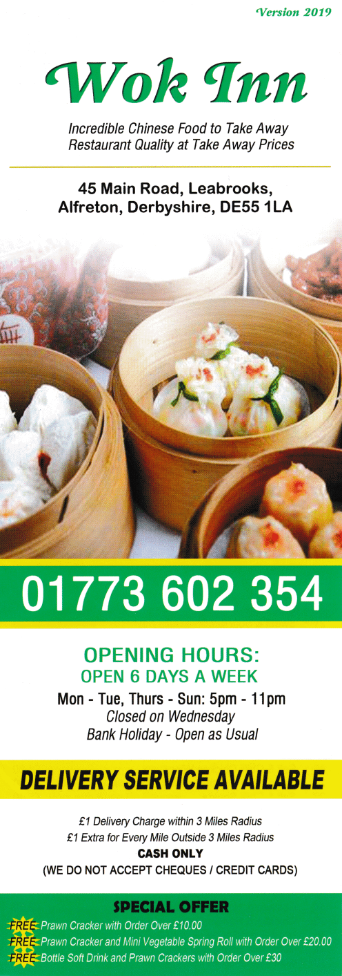 Menu for Wok Inn Chinese, Cantonese and Thai food takeaway in Leabrooks near Alfreton