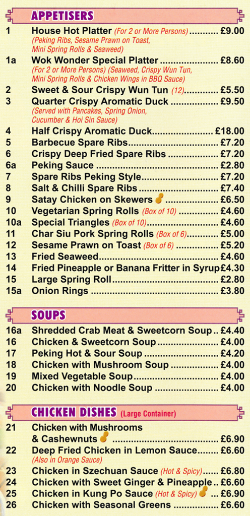 Menu for Wok Wonder Menu for Wok Wonder in Mansfield - dishes include; Crispy Aromatic Duck, Large Spring Roll, Spare Ribs Peking Style, Deep Fried Chicken in Lemon Sauce..