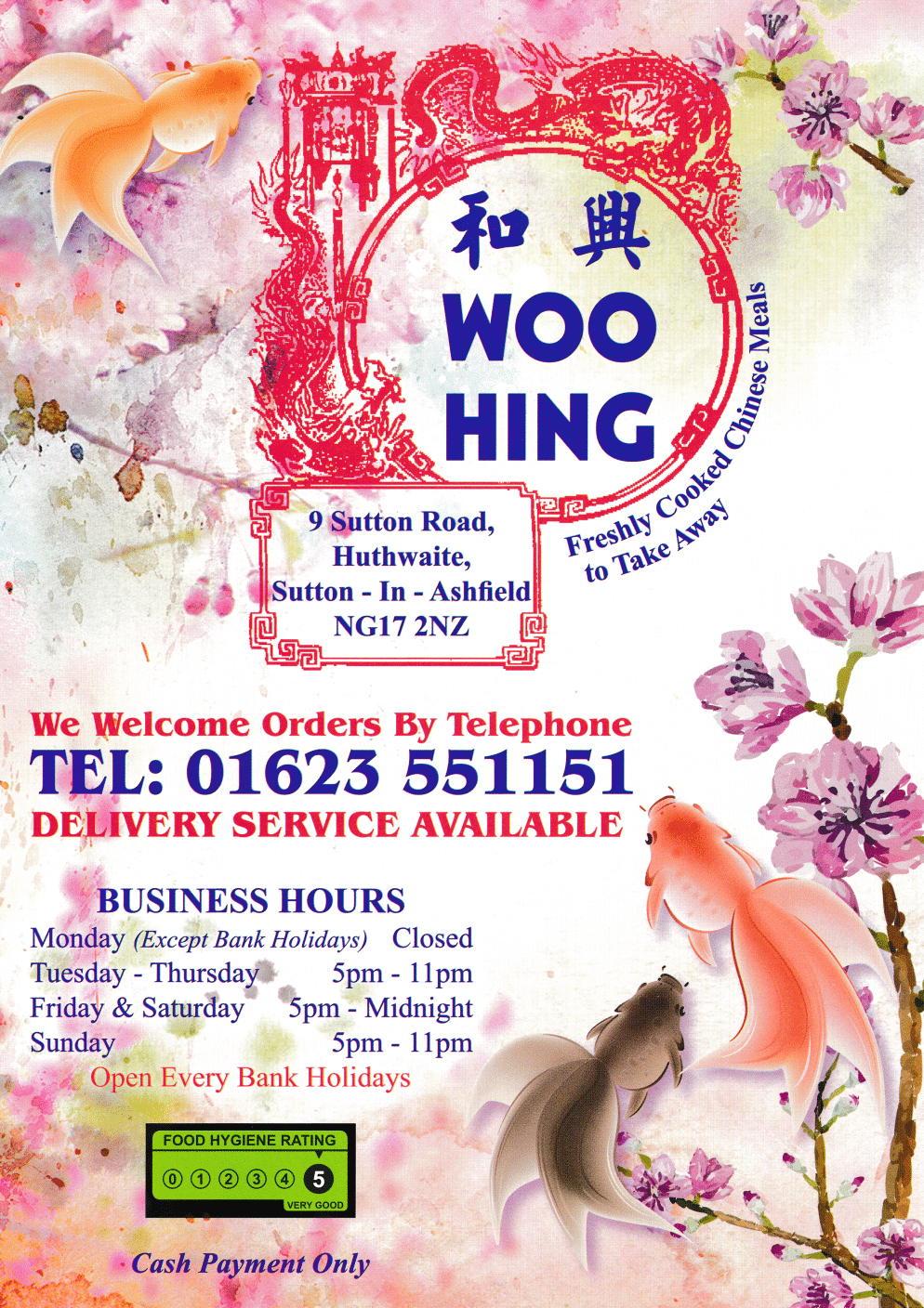 Menu for Woo Hing Chinese takeaway on Sutton Road in Huthwaite, Sutton-In-Ashfield NG17 2NZ