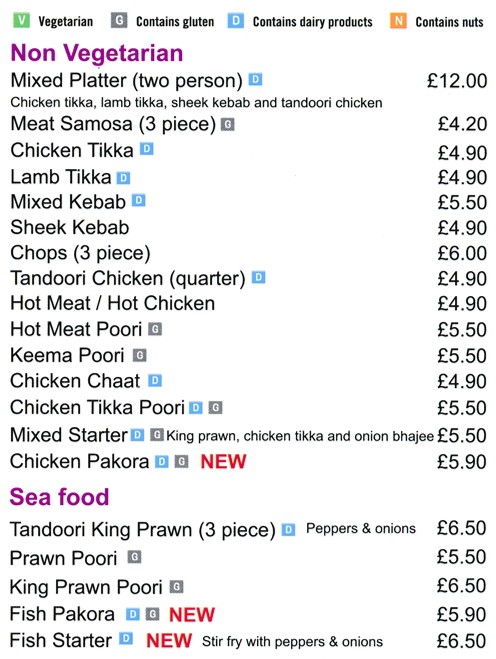 Takeaway menu for Woodthorpe Tandoori - Lamb Tikka, Hot Meat, Mixed Kebab, Chicken Chaat, Meat Samosa..