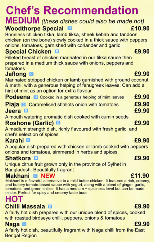 Takeaway menu for Woodthorpe Tandoori - Jeera, Piaja, Karahi, Shatkora, Jaflong, Special Chicken..