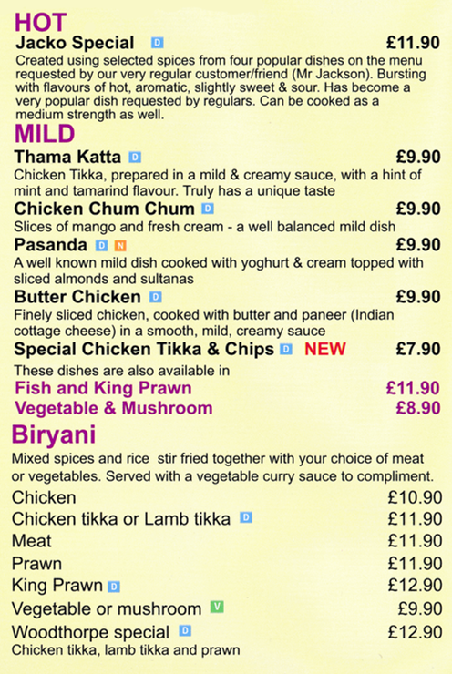 Takeaway menu for Woodthorpe Tandoori - Biryani, Thama Katta, Butter Chicken, Pasanda..