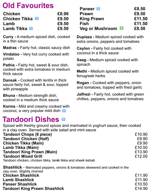 Takeaway menu for Woodthorpe Tandoori - Madras, Dansak, Bhuna, Korma, Pathia, Rogan, Kashmir, Jalfrezi, Methi, Saag, Ceylon, Dupiaza, Tandoori Dishes..