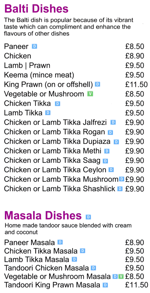 Takeaway menu for Woodthorpe Tandoori - Balti and Masala Dishes