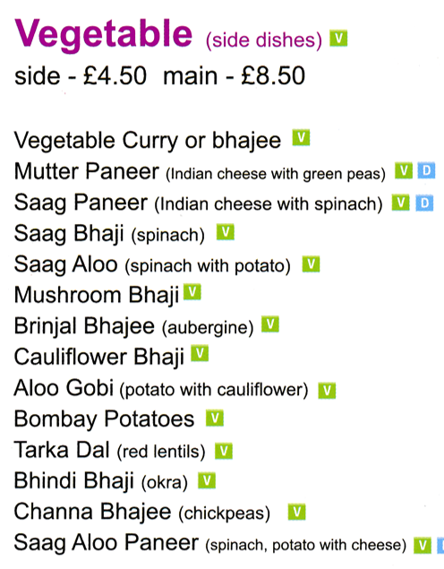 Takeaway menu for Woodthorpe Tandoori - Saag Bhaji, Bombay Potatoes, Tarka Dall, Channa Bhajee, Mutter Paneer..