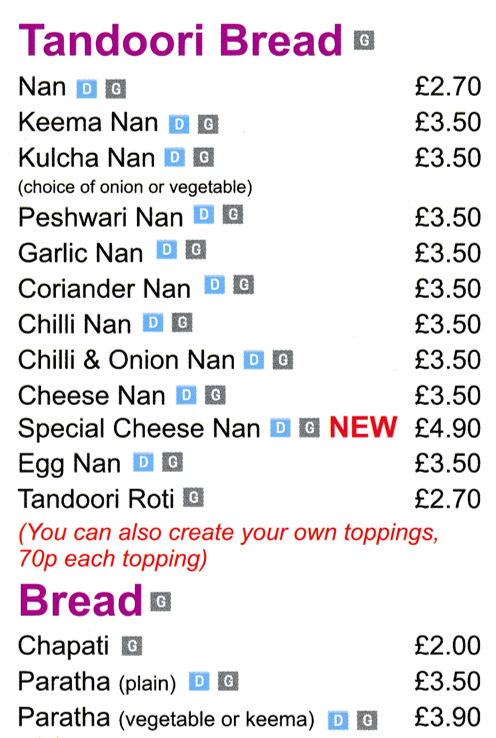 Takeaway menu for Woodthorpe Tandoori - Tandoori Breads, Garlic Nan, Peshwari Nan, Coriander Nan, Tandoori Roti, Chapati, Paratha..