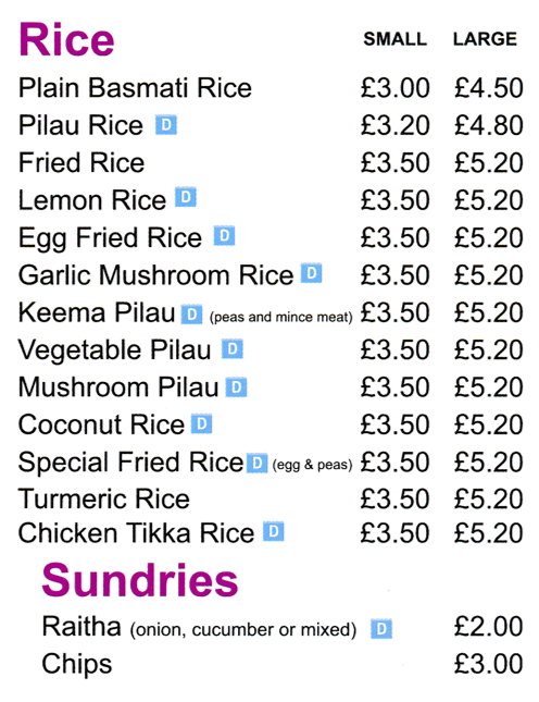Takeaway menu for Woodthorpe Tandoori - Rice, Lemon Rice, Pilau Rice, Coconut Rice..
