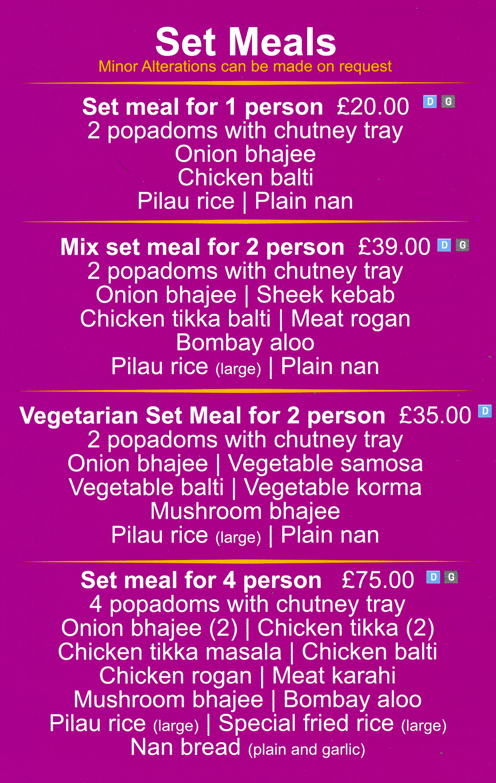 Takeaway menu for Woodthorpe Tandoori - Set Meals