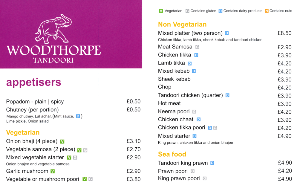 Takeaway and delivery menu for Woodthorpe Tandoori Indian restaurant near Nottingham