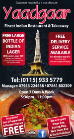 Takeaway menu for Yaadgaar Indian restaurant in Radcliffe-On-Trent near Nottingham