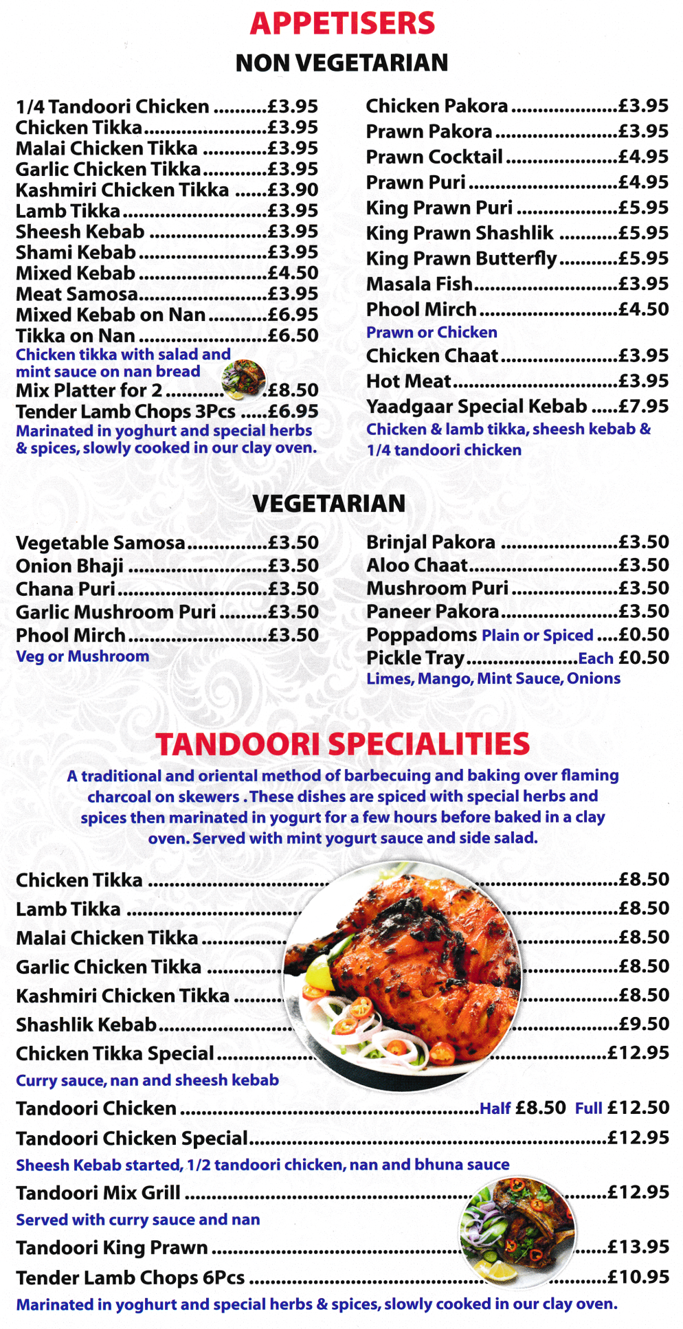Takeaway menu for Yaadgaar - Chicken Tikka, Phool Mirch, Prawn Pakora, Onion Bhaji, Samosas, Tandoori Mix Grill, Shashlik Keebab..