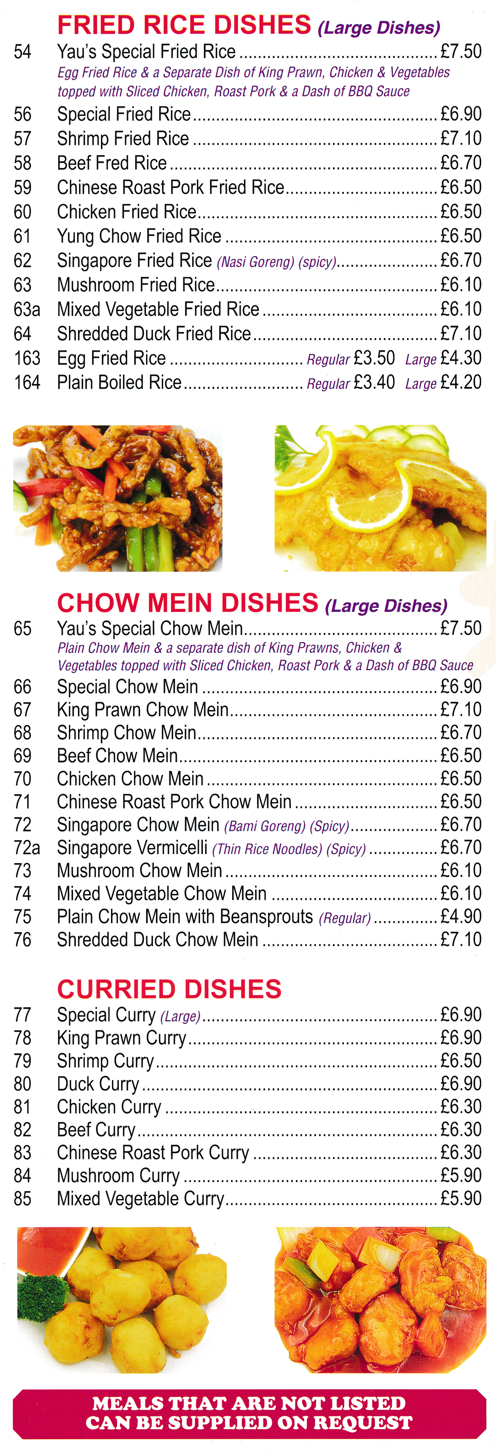 Menu for Yau's Kitchen - Singapore Chow Mein, Duck Curry, Special Fried Rice, Singapore Vermicelli, Beef Curry..