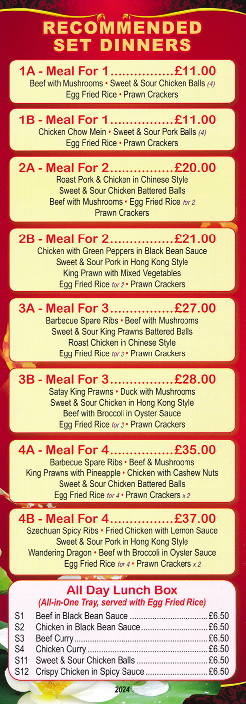 Menu for Yau's Kitchen Menu for Yau's Kitchen - Set Dinners - Chinese and Cantonese meals to takeaway